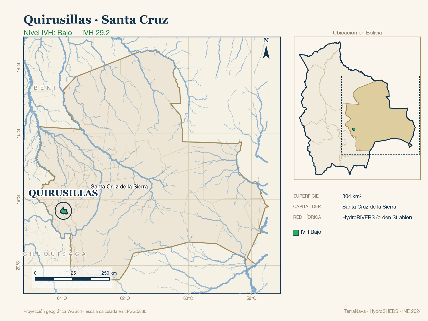 Mapa localizador de Quirusillas (Santa Cruz): zoom departamental con red hídrica HydroRIVERS, municipio destacado por nivel IVH y ubicación en Bolivia