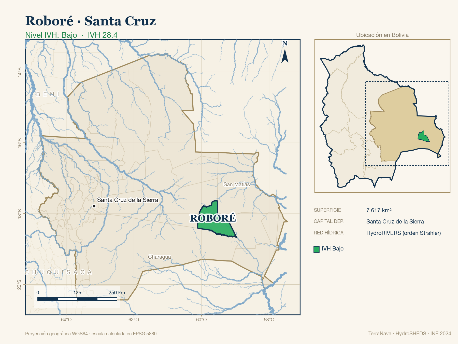 Mapa localizador de Roboré (Santa Cruz): zoom departamental con red hídrica HydroRIVERS, municipio destacado por nivel IVH y ubicación en Bolivia