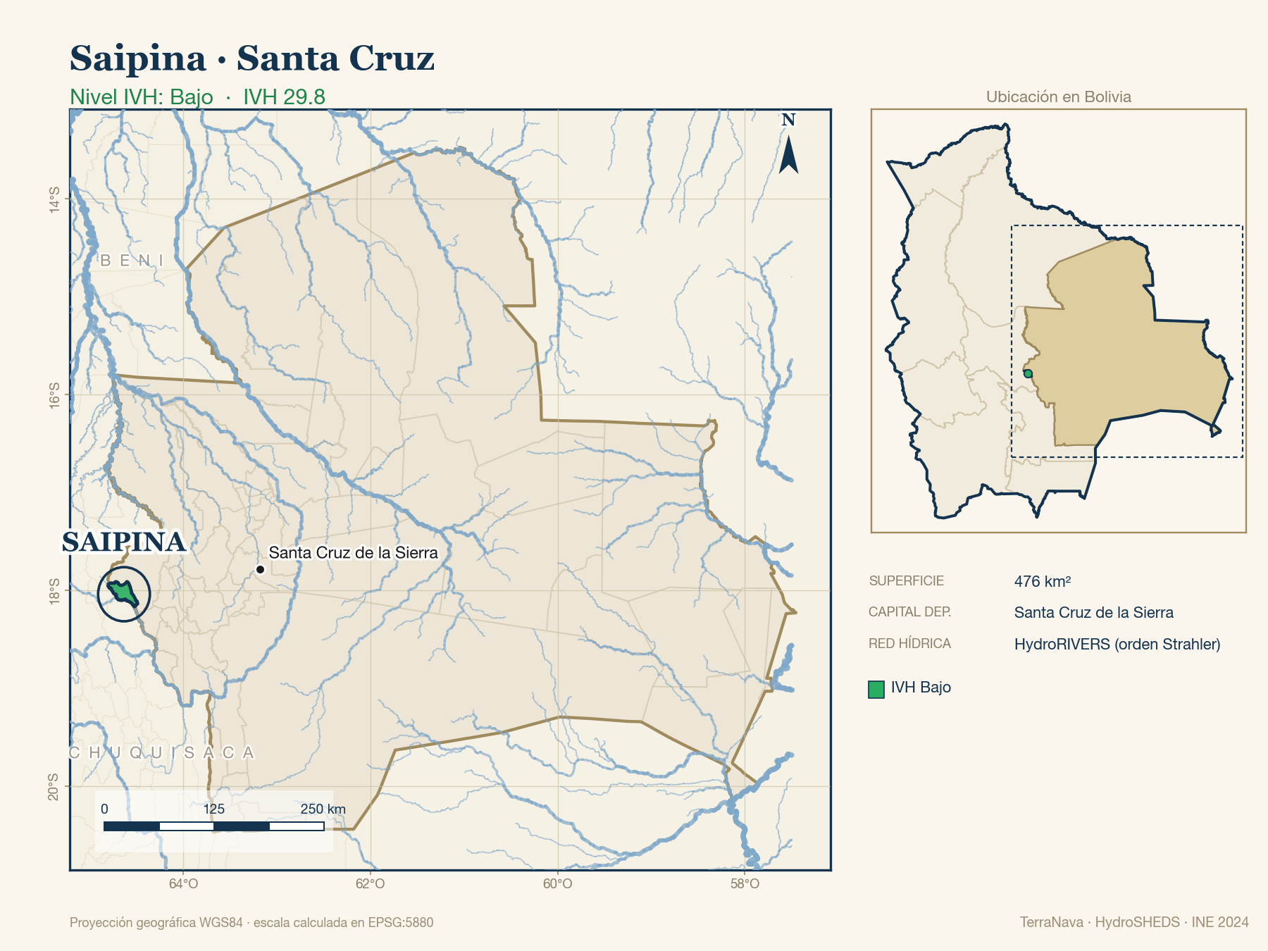 Mapa localizador de Saipina (Santa Cruz): zoom departamental con red hídrica HydroRIVERS, municipio destacado por nivel IVH y ubicación en Bolivia