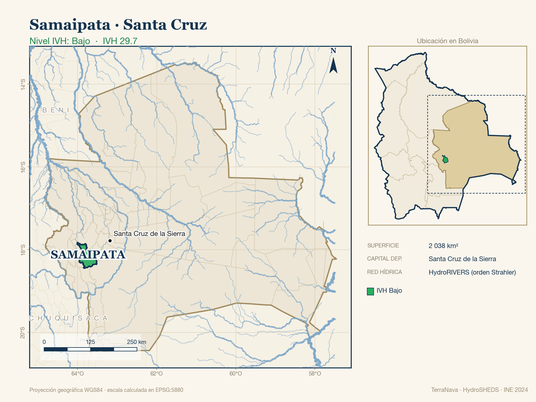 Mapa localizador de Samaipata (Santa Cruz): zoom departamental con red hídrica HydroRIVERS, municipio destacado por nivel IVH y ubicación en Bolivia