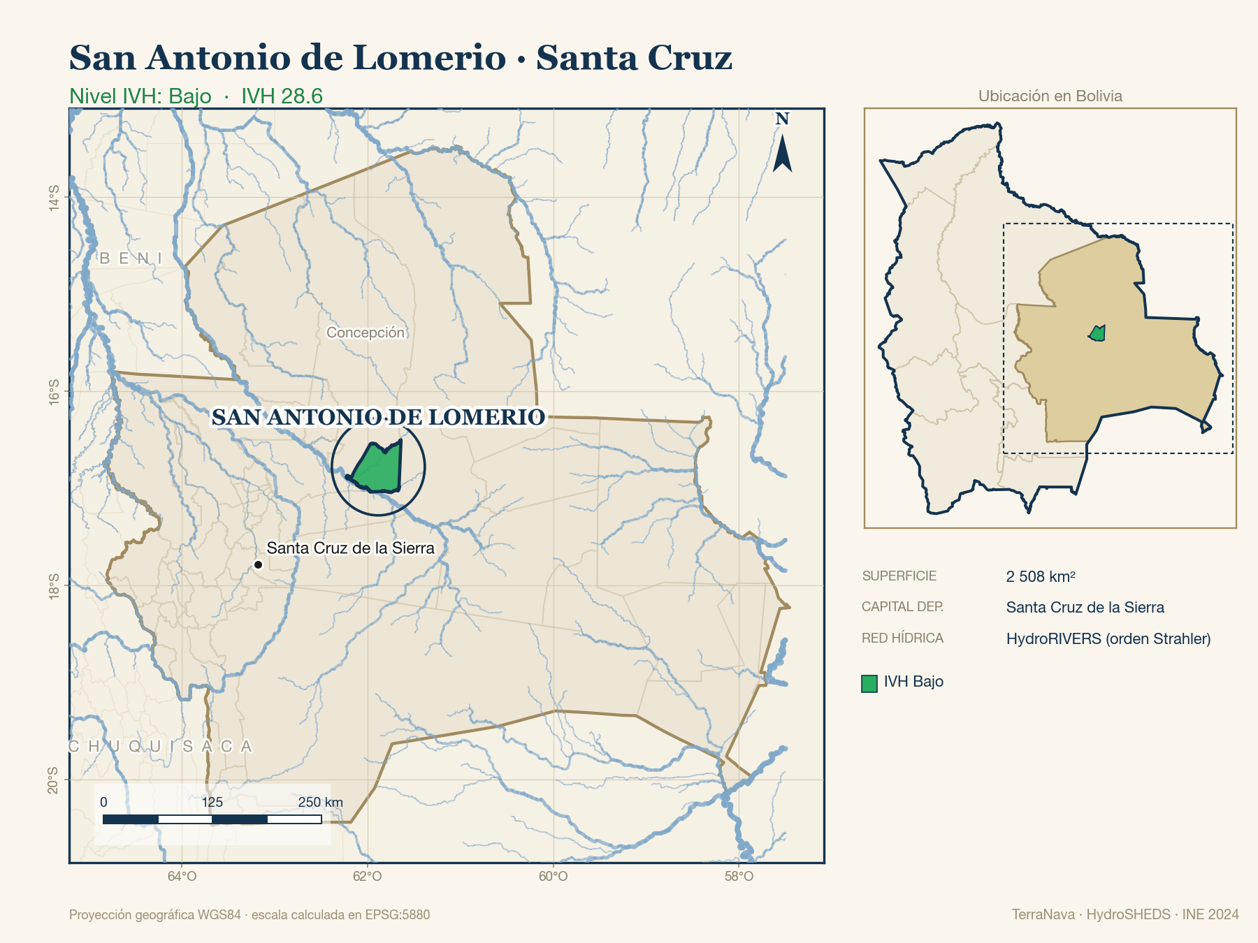 Mapa localizador de San Antonio de Lomerio (Santa Cruz): zoom departamental con red hídrica HydroRIVERS, municipio destacado por nivel IVH y ubicación en Bolivia