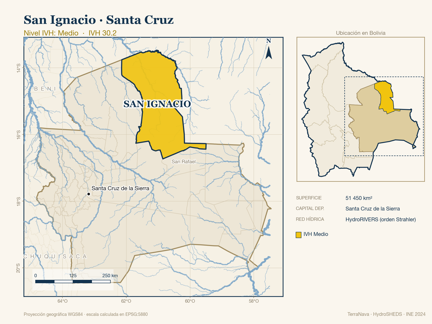 Mapa localizador de San Ignacio (Santa Cruz): zoom departamental con red hídrica HydroRIVERS, municipio destacado por nivel IVH y ubicación en Bolivia