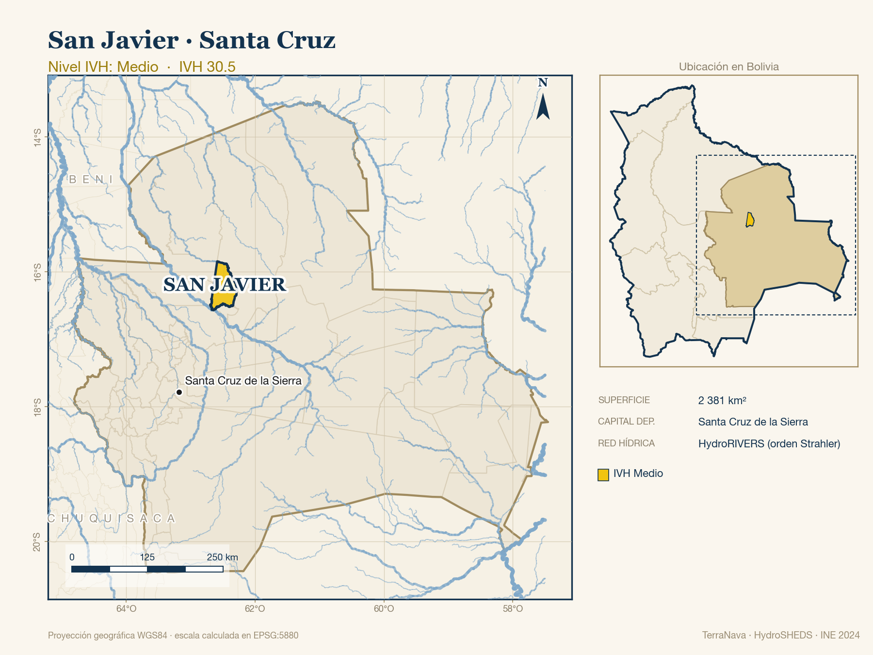 Mapa localizador de San Javier (Santa Cruz): zoom departamental con red hídrica HydroRIVERS, municipio destacado por nivel IVH y ubicación en Bolivia