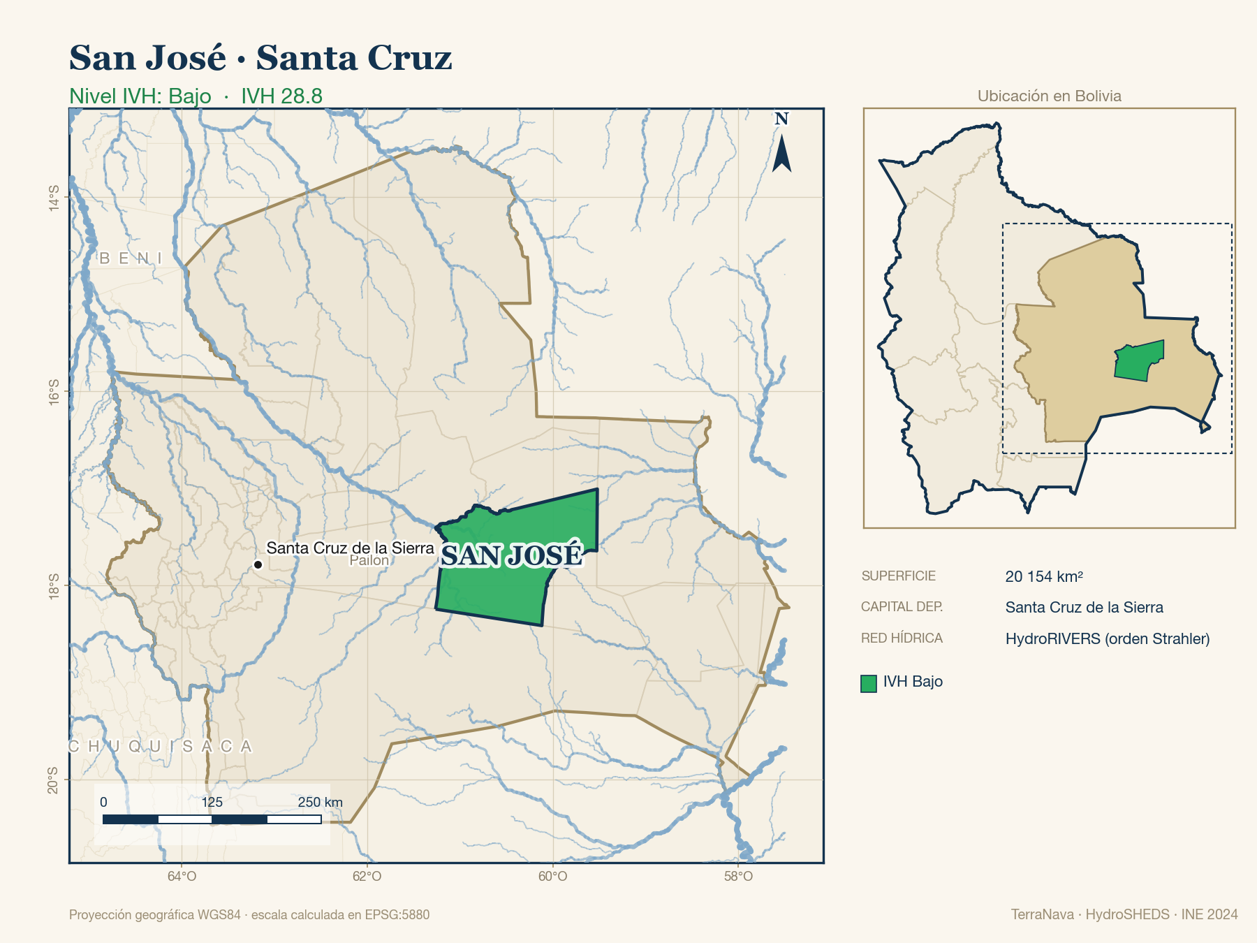 Mapa localizador de San José (Santa Cruz): zoom departamental con red hídrica HydroRIVERS, municipio destacado por nivel IVH y ubicación en Bolivia
