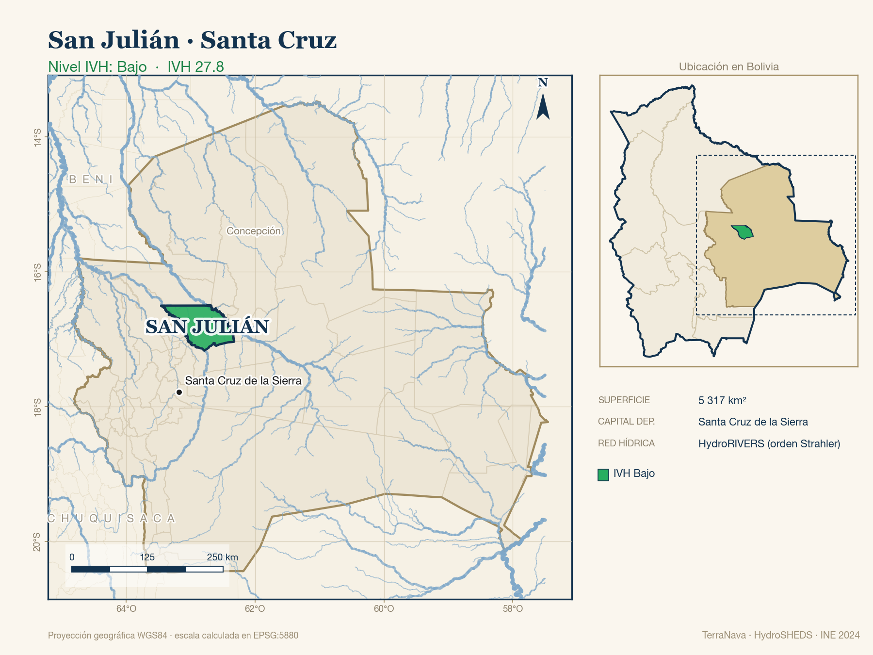 Mapa localizador de San Julián (Santa Cruz): zoom departamental con red hídrica HydroRIVERS, municipio destacado por nivel IVH y ubicación en Bolivia