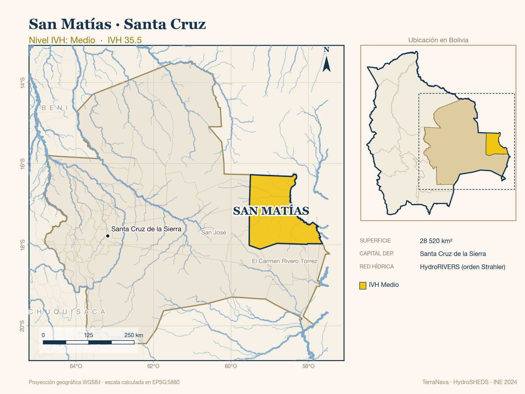 Mapa localizador de San Matías (Santa Cruz): zoom departamental con red hídrica HydroRIVERS, municipio destacado por nivel IVH y ubicación en Bolivia