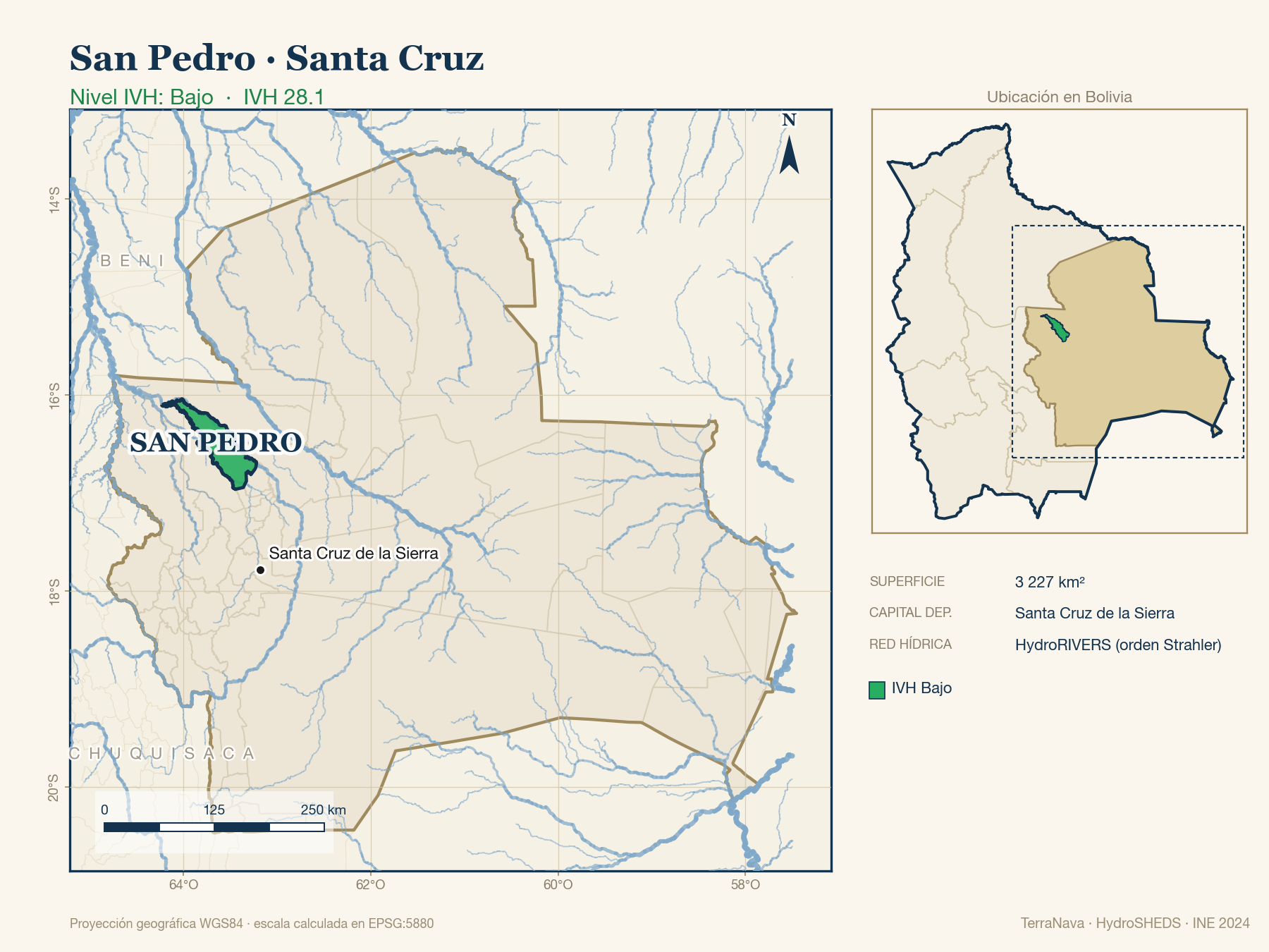 Mapa localizador de San Pedro (Santa Cruz): zoom departamental con red hídrica HydroRIVERS, municipio destacado por nivel IVH y ubicación en Bolivia