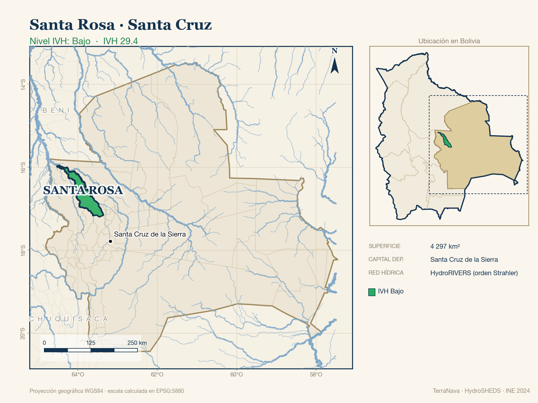Mapa localizador de Santa Rosa (Santa Cruz): zoom departamental con red hídrica HydroRIVERS, municipio destacado por nivel IVH y ubicación en Bolivia