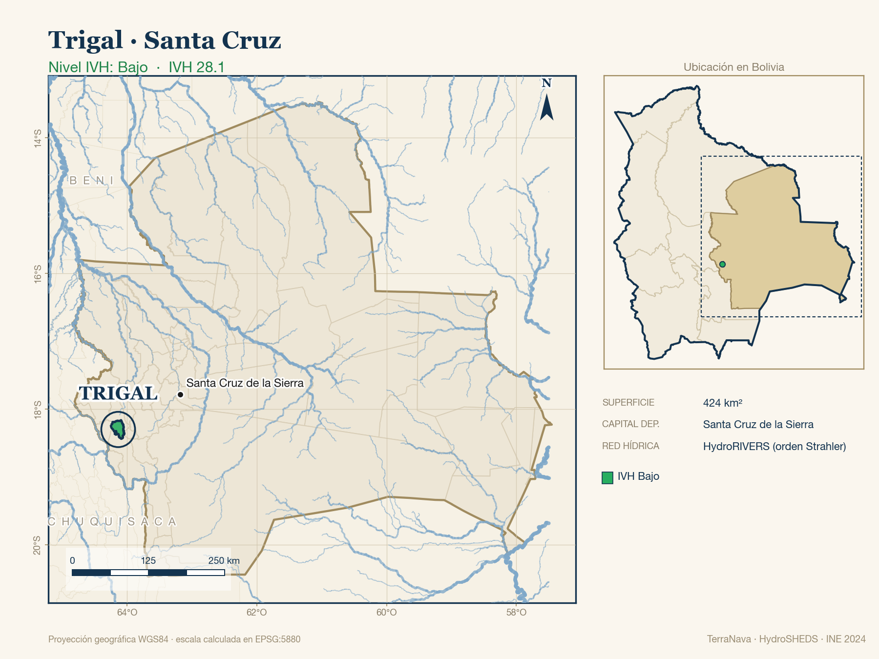 Mapa localizador de Trigal (Santa Cruz): zoom departamental con red hídrica HydroRIVERS, municipio destacado por nivel IVH y ubicación en Bolivia