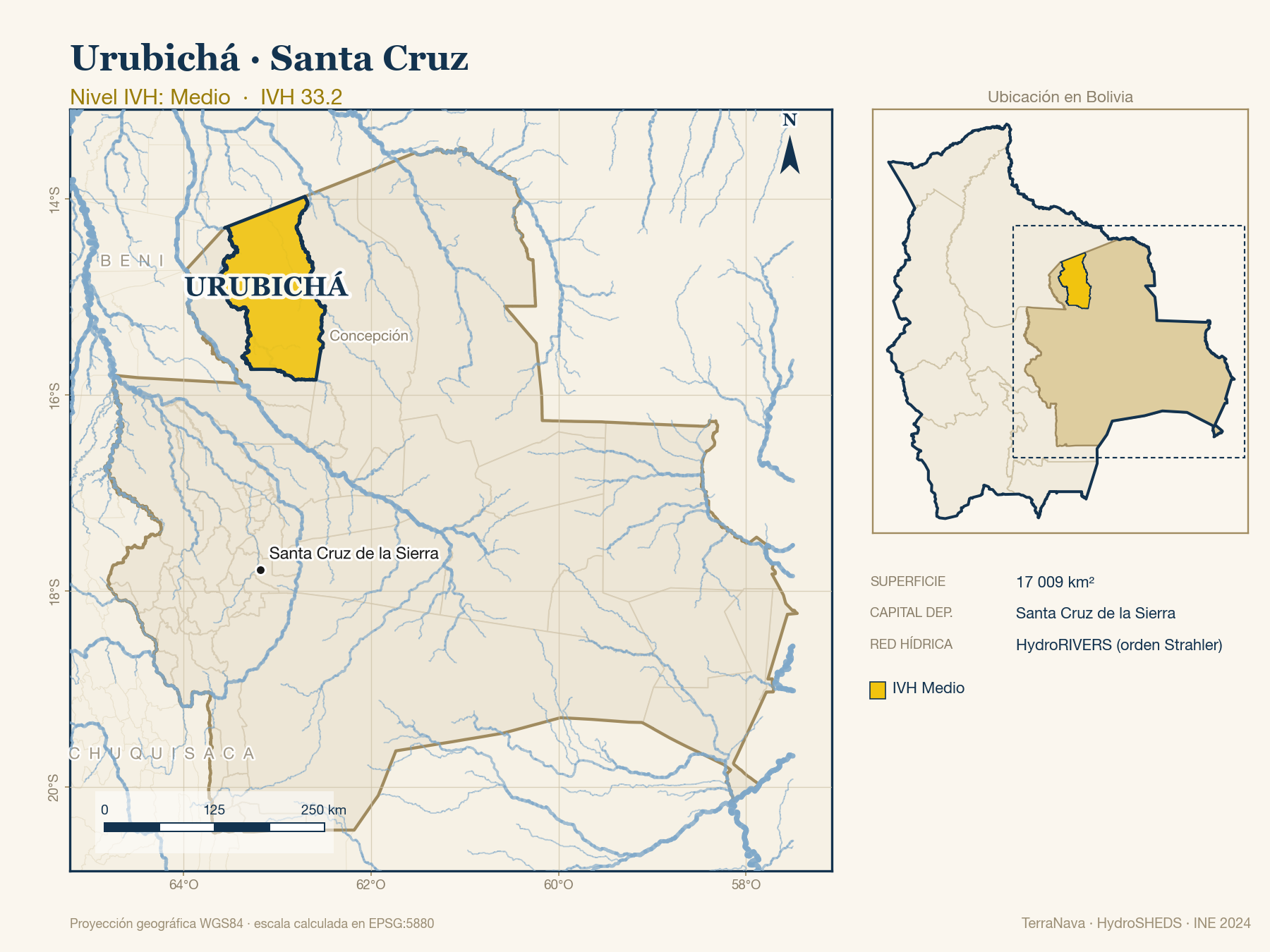Mapa localizador de Urubichá (Santa Cruz): zoom departamental con red hídrica HydroRIVERS, municipio destacado por nivel IVH y ubicación en Bolivia
