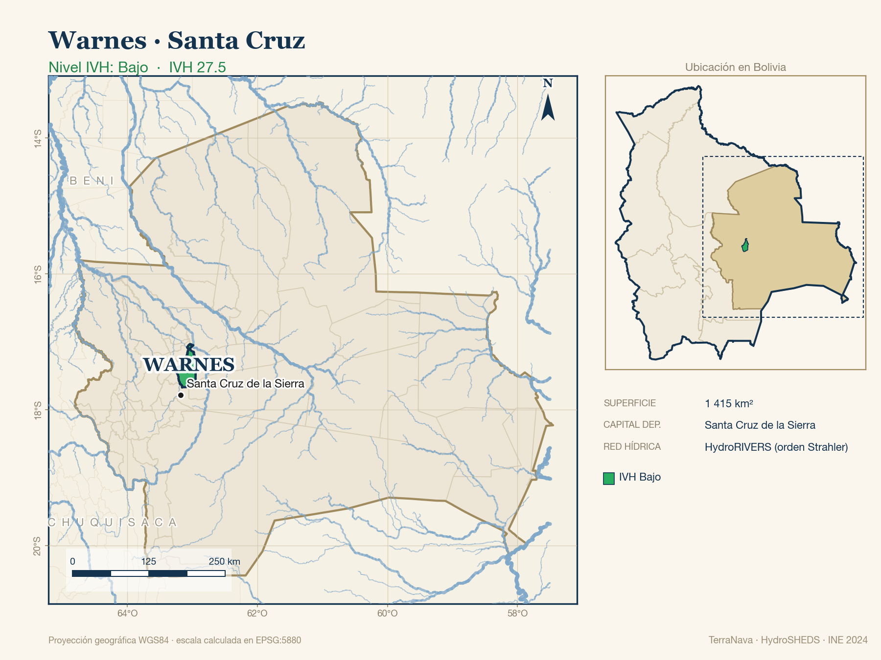 Mapa localizador de Warnes (Santa Cruz): zoom departamental con red hídrica HydroRIVERS, municipio destacado por nivel IVH y ubicación en Bolivia