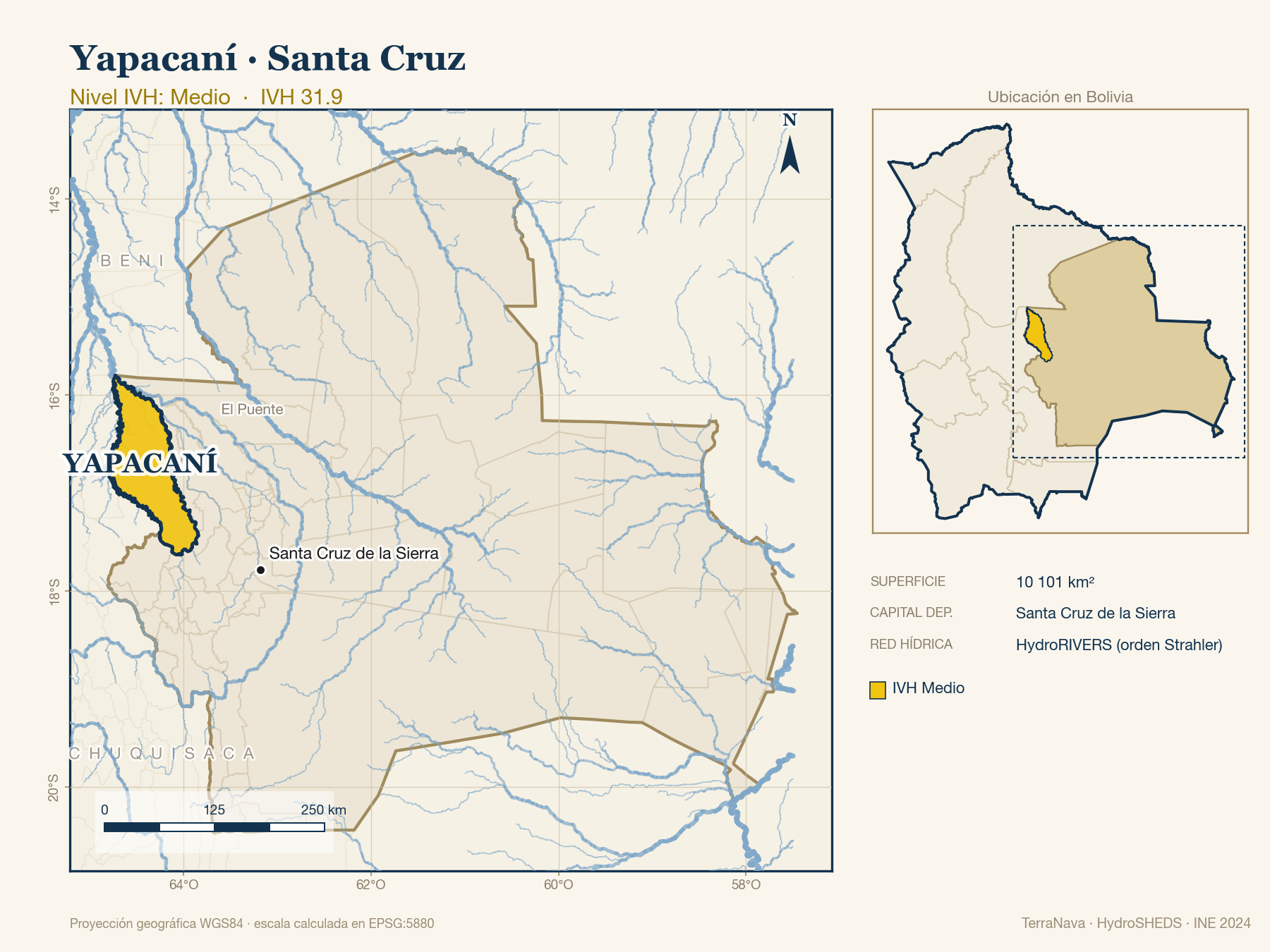 Mapa localizador de Yapacaní (Santa Cruz): zoom departamental con red hídrica HydroRIVERS, municipio destacado por nivel IVH y ubicación en Bolivia