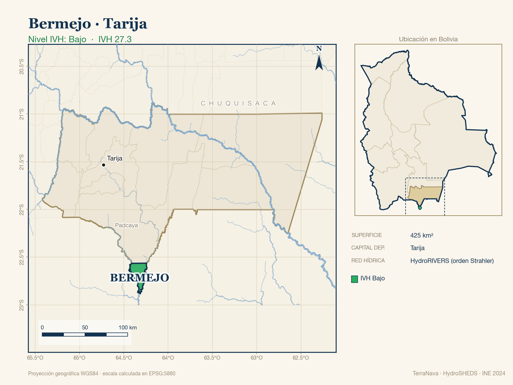 Mapa localizador de Bermejo (Tarija): zoom departamental con red hídrica HydroRIVERS, municipio destacado por nivel IVH y ubicación en Bolivia