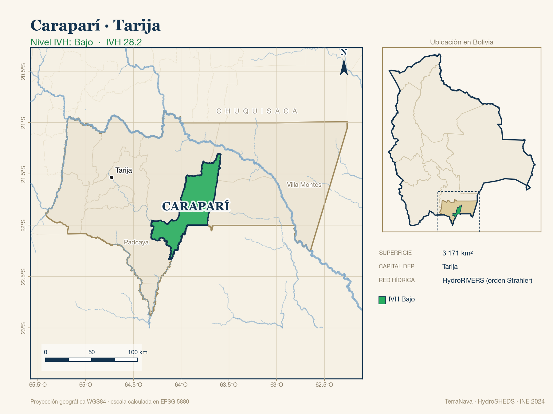 Mapa localizador de Caraparí (Tarija): zoom departamental con red hídrica HydroRIVERS, municipio destacado por nivel IVH y ubicación en Bolivia