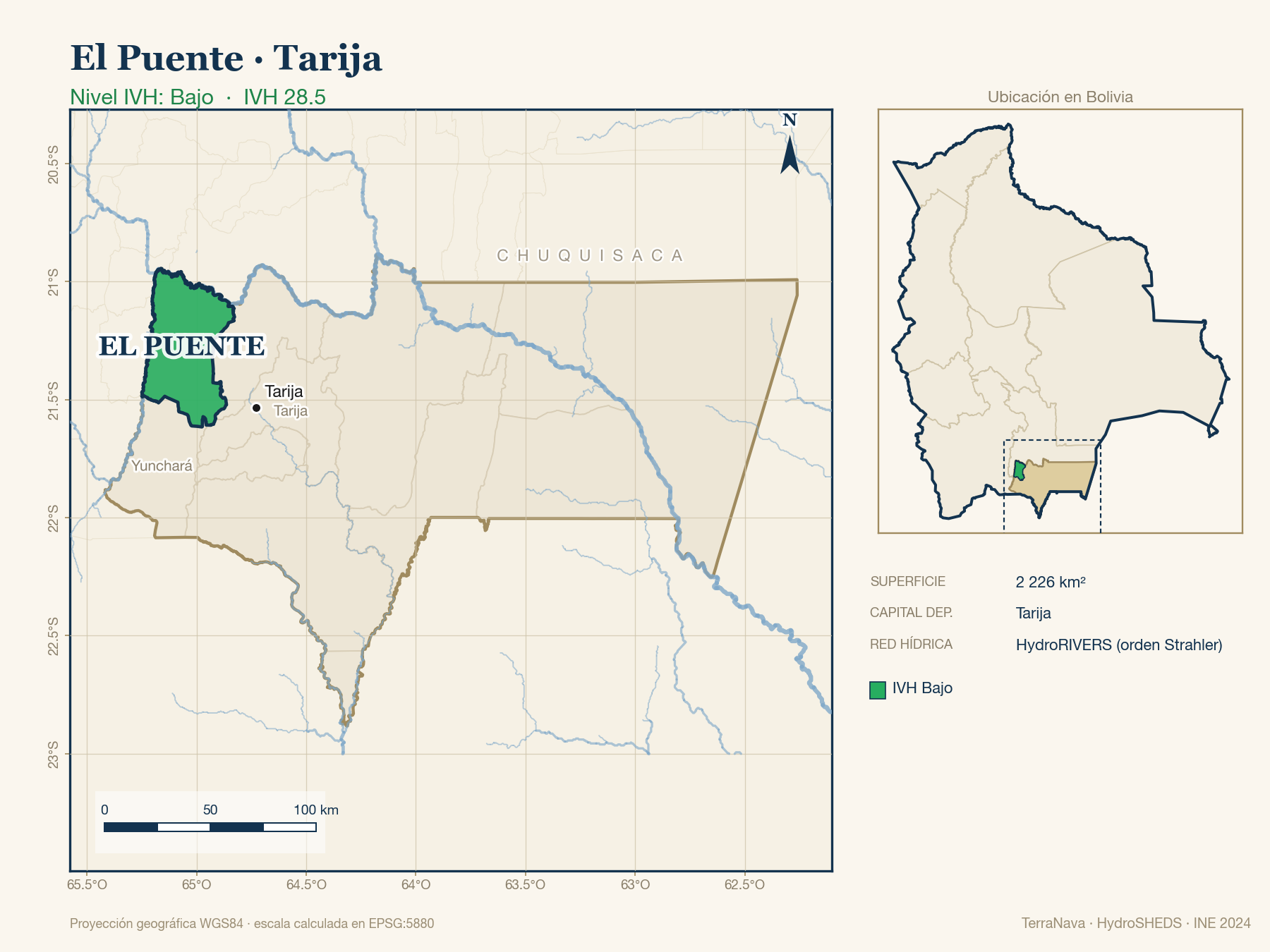 Mapa localizador de El Puente (Tarija): zoom departamental con red hídrica HydroRIVERS, municipio destacado por nivel IVH y ubicación en Bolivia