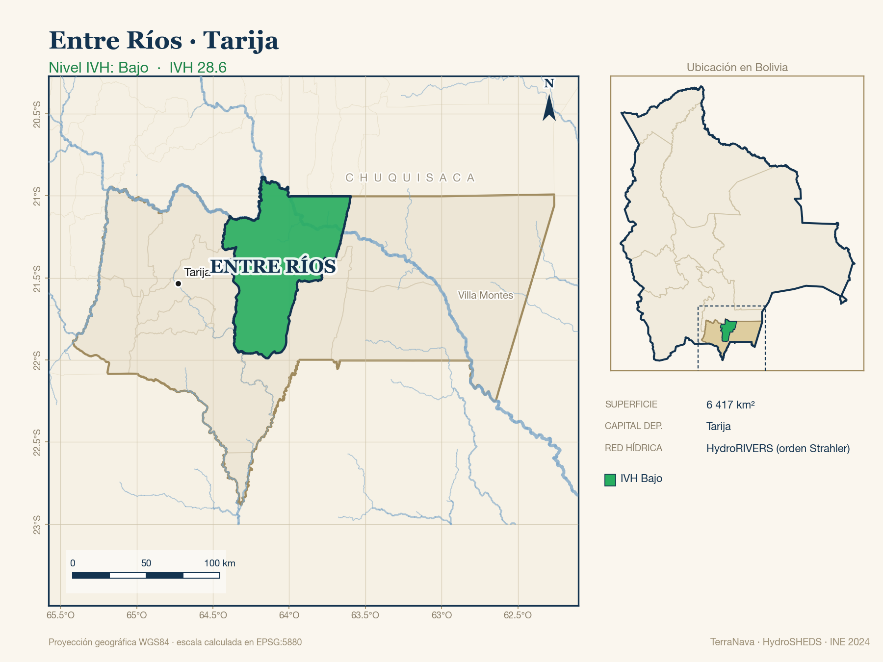 Mapa localizador de Entre Ríos (Tarija): zoom departamental con red hídrica HydroRIVERS, municipio destacado por nivel IVH y ubicación en Bolivia