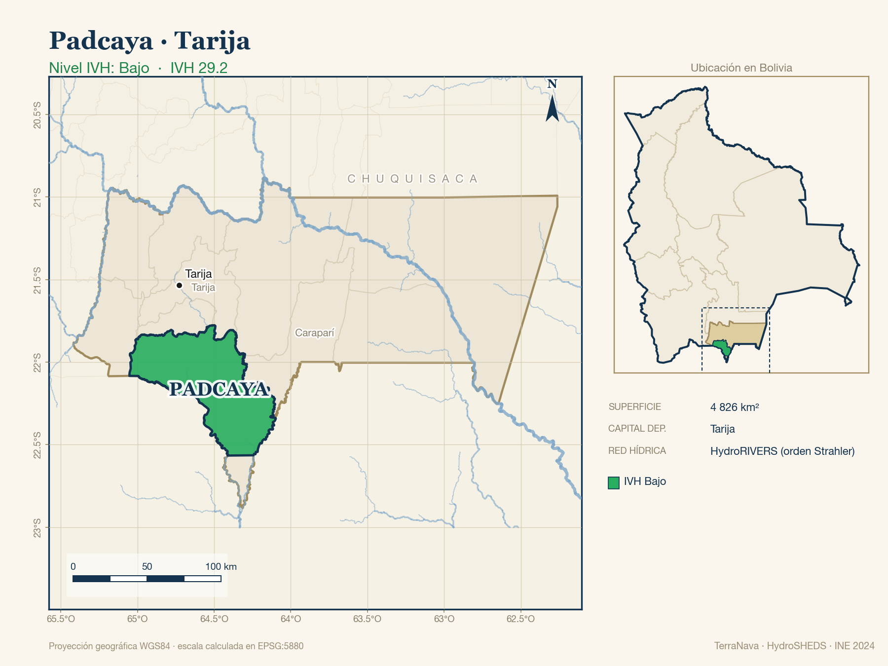 Mapa localizador de Padcaya (Tarija): zoom departamental con red hídrica HydroRIVERS, municipio destacado por nivel IVH y ubicación en Bolivia