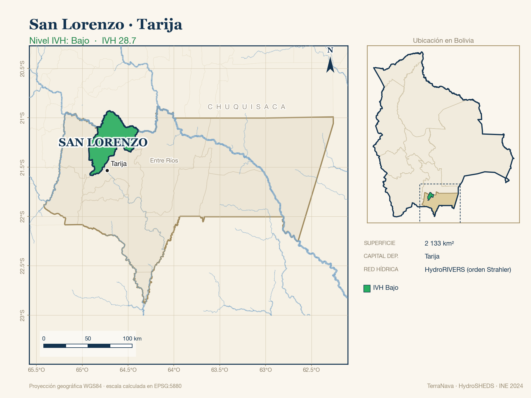 Mapa localizador de San Lorenzo (Tarija): zoom departamental con red hídrica HydroRIVERS, municipio destacado por nivel IVH y ubicación en Bolivia