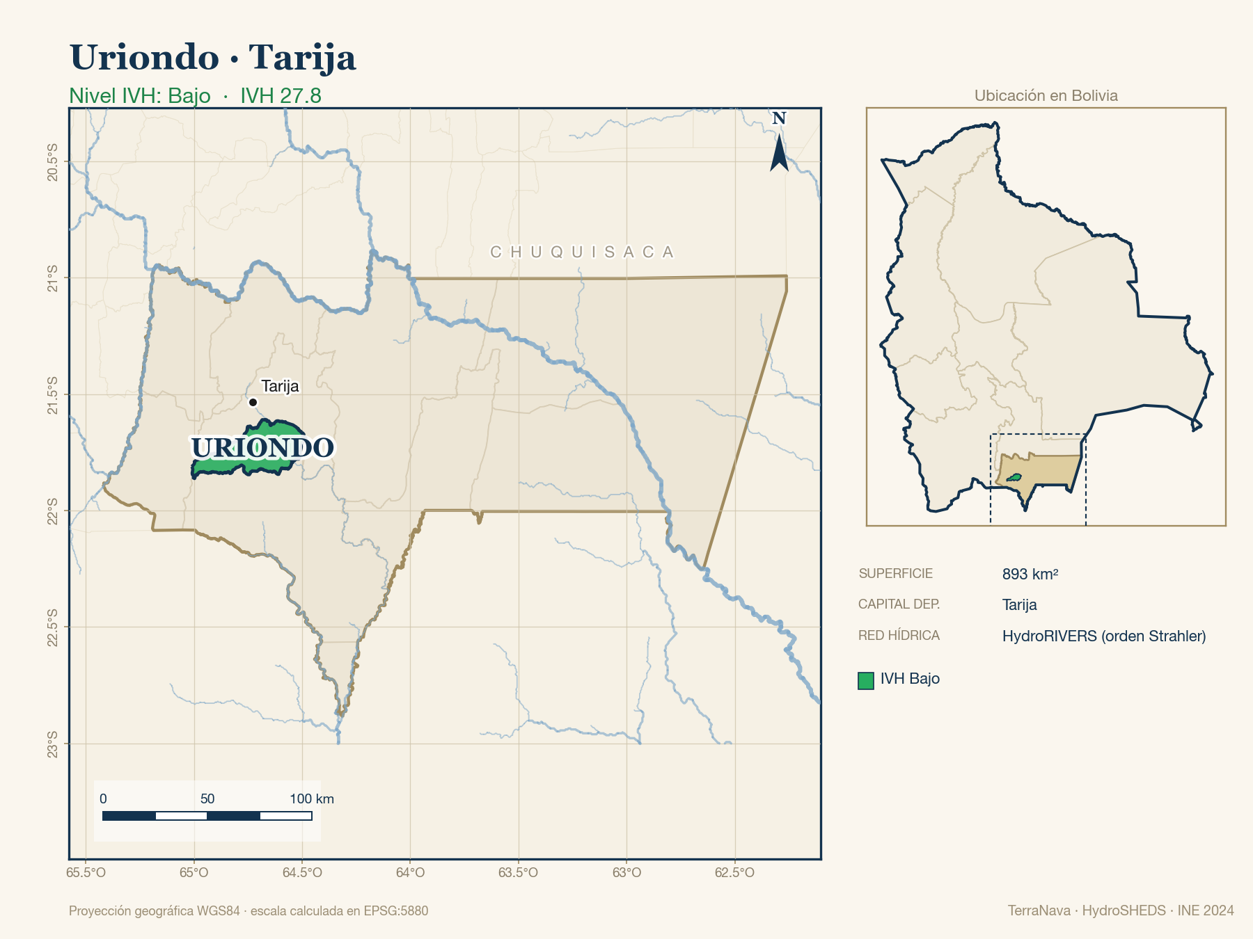 Mapa localizador de Uriondo (Tarija): zoom departamental con red hídrica HydroRIVERS, municipio destacado por nivel IVH y ubicación en Bolivia
