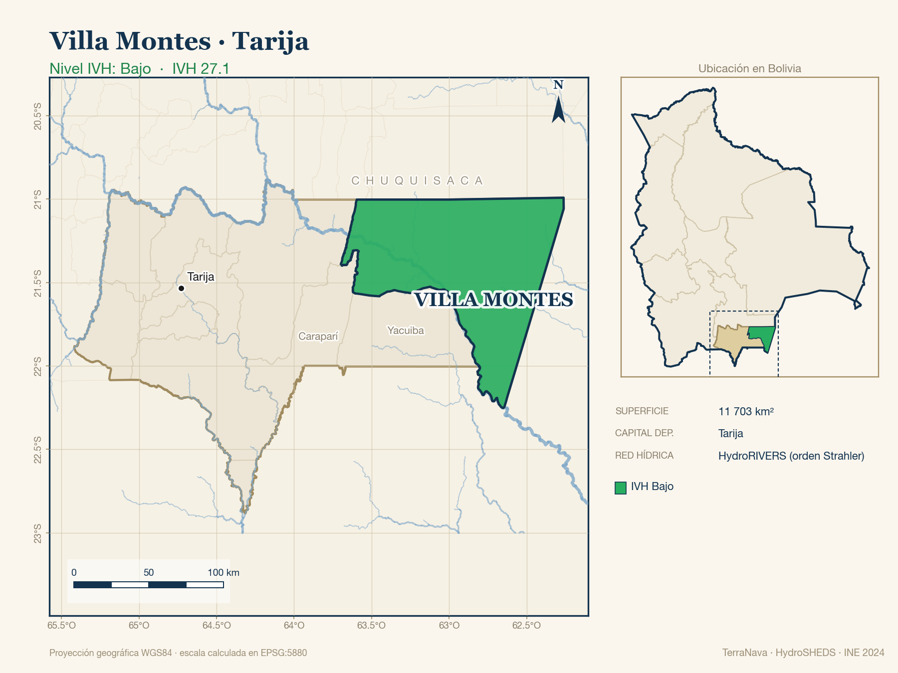 Mapa localizador de Villa Montes (Tarija): zoom departamental con red hídrica HydroRIVERS, municipio destacado por nivel IVH y ubicación en Bolivia