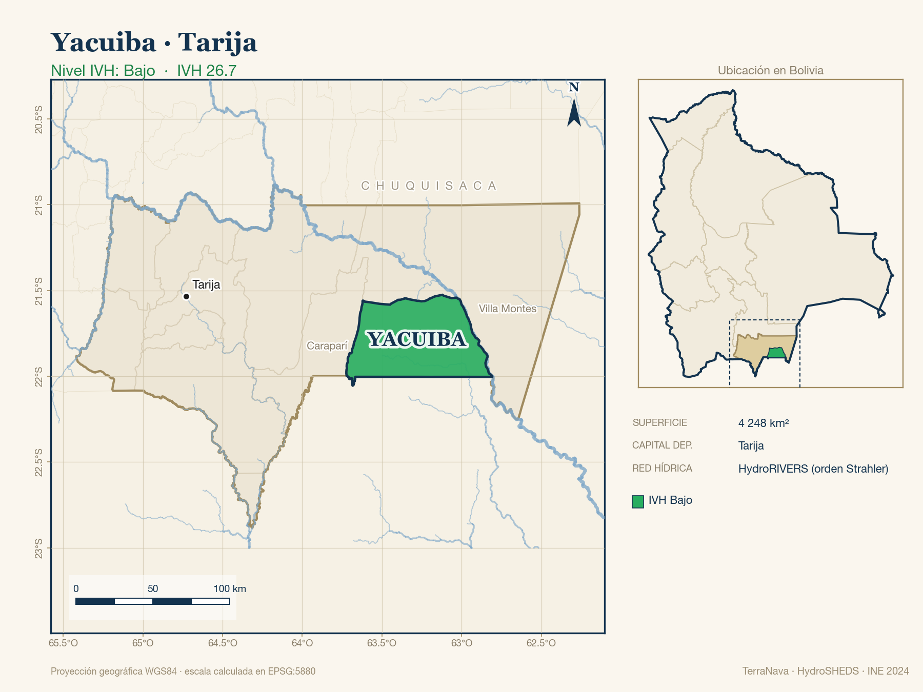 Mapa localizador de Yacuiba (Tarija): zoom departamental con red hídrica HydroRIVERS, municipio destacado por nivel IVH y ubicación en Bolivia