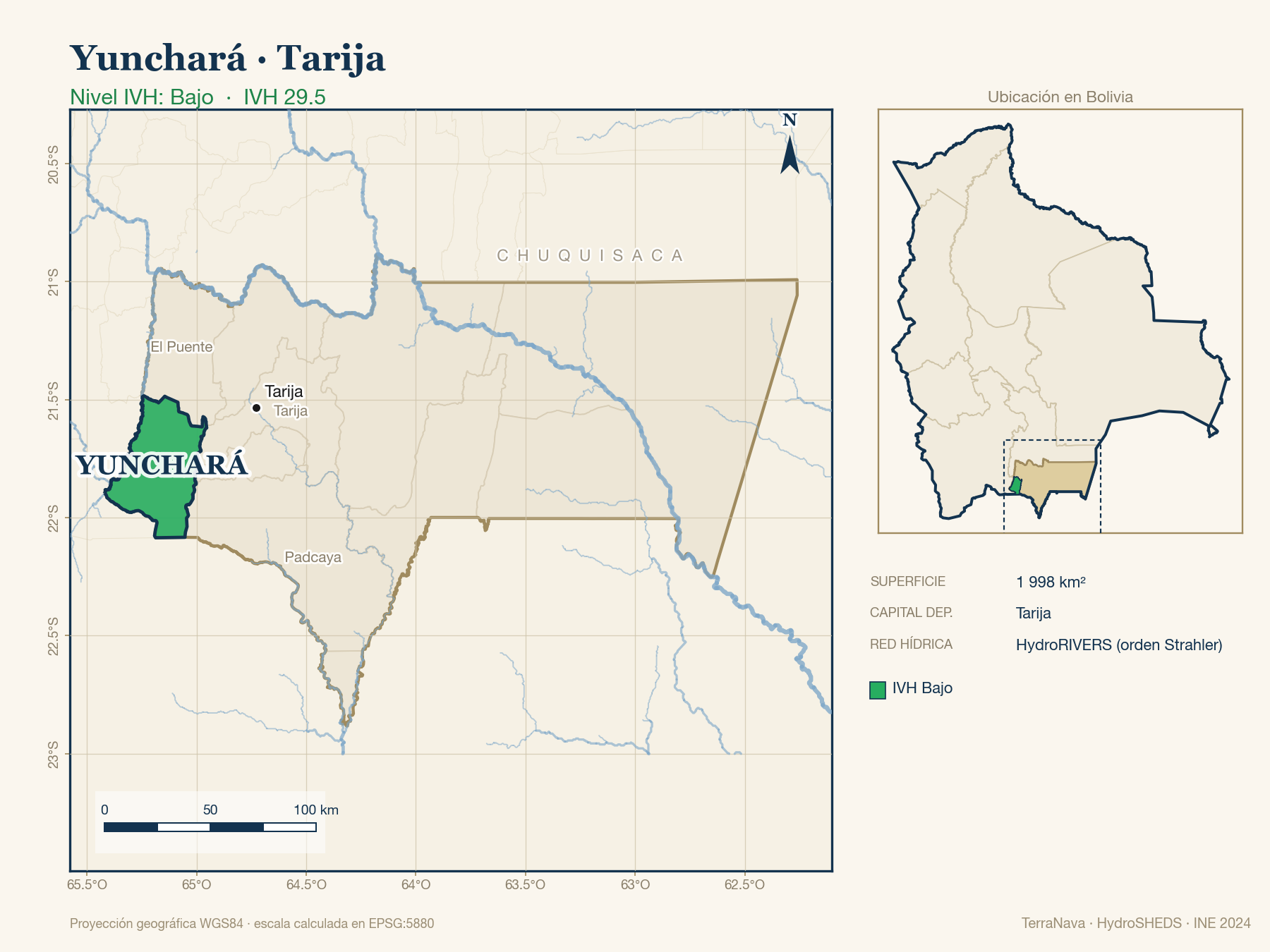 Mapa localizador de Yunchará (Tarija): zoom departamental con red hídrica HydroRIVERS, municipio destacado por nivel IVH y ubicación en Bolivia