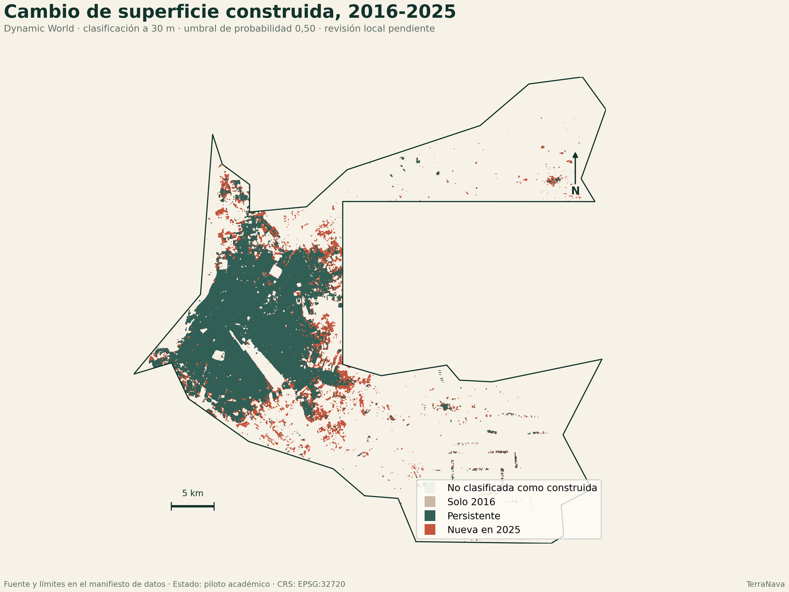 Mapa de cambio de superficie construida entre 2016 y 2025 a partir de Dynamic World
