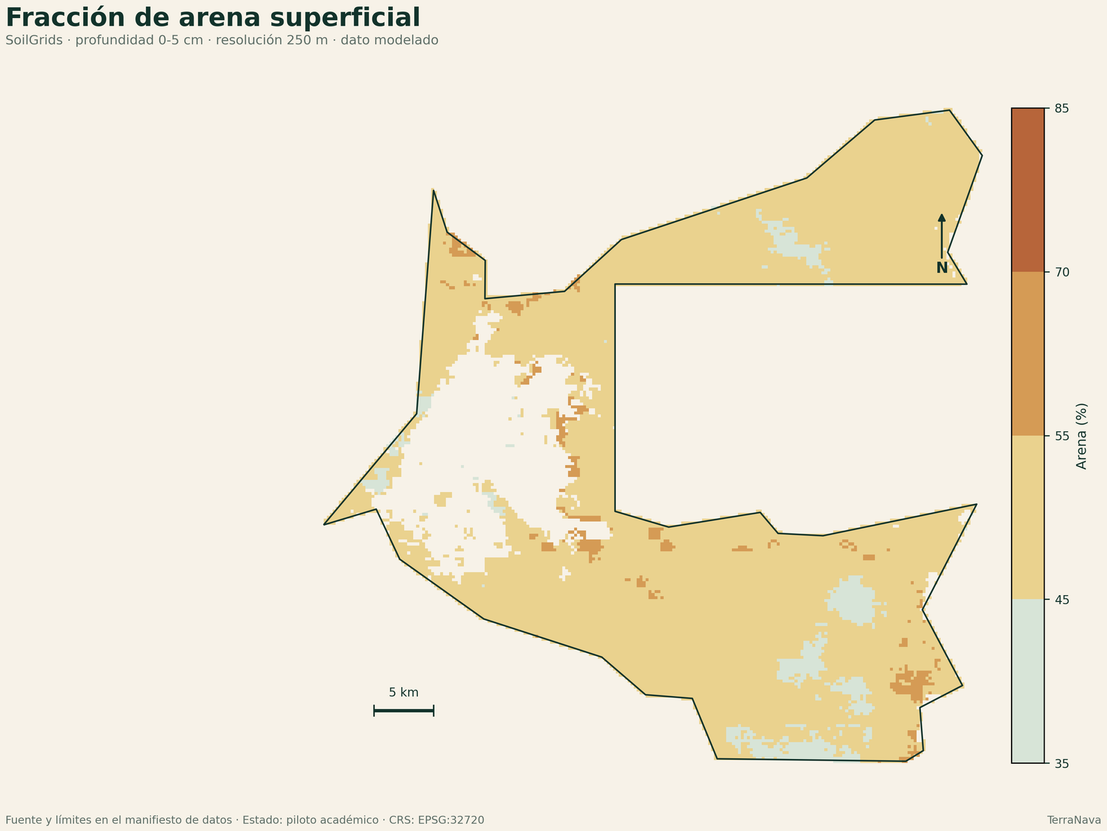 Mapa de fracción de arena modelada por SoilGrids a 250 metros