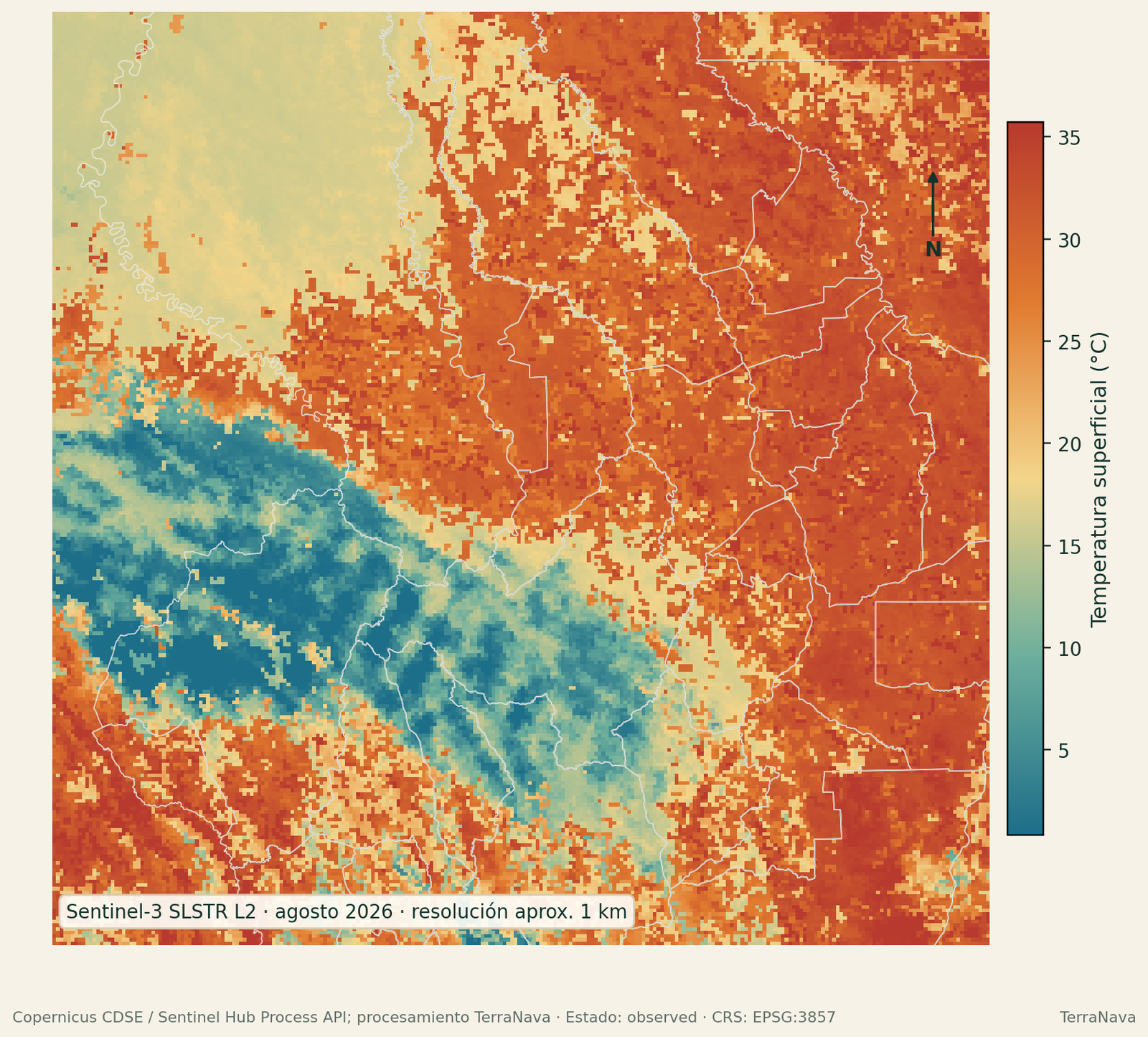 Muestra de temperatura superficial Sentinel-3 SLSTR para Santa Cruz