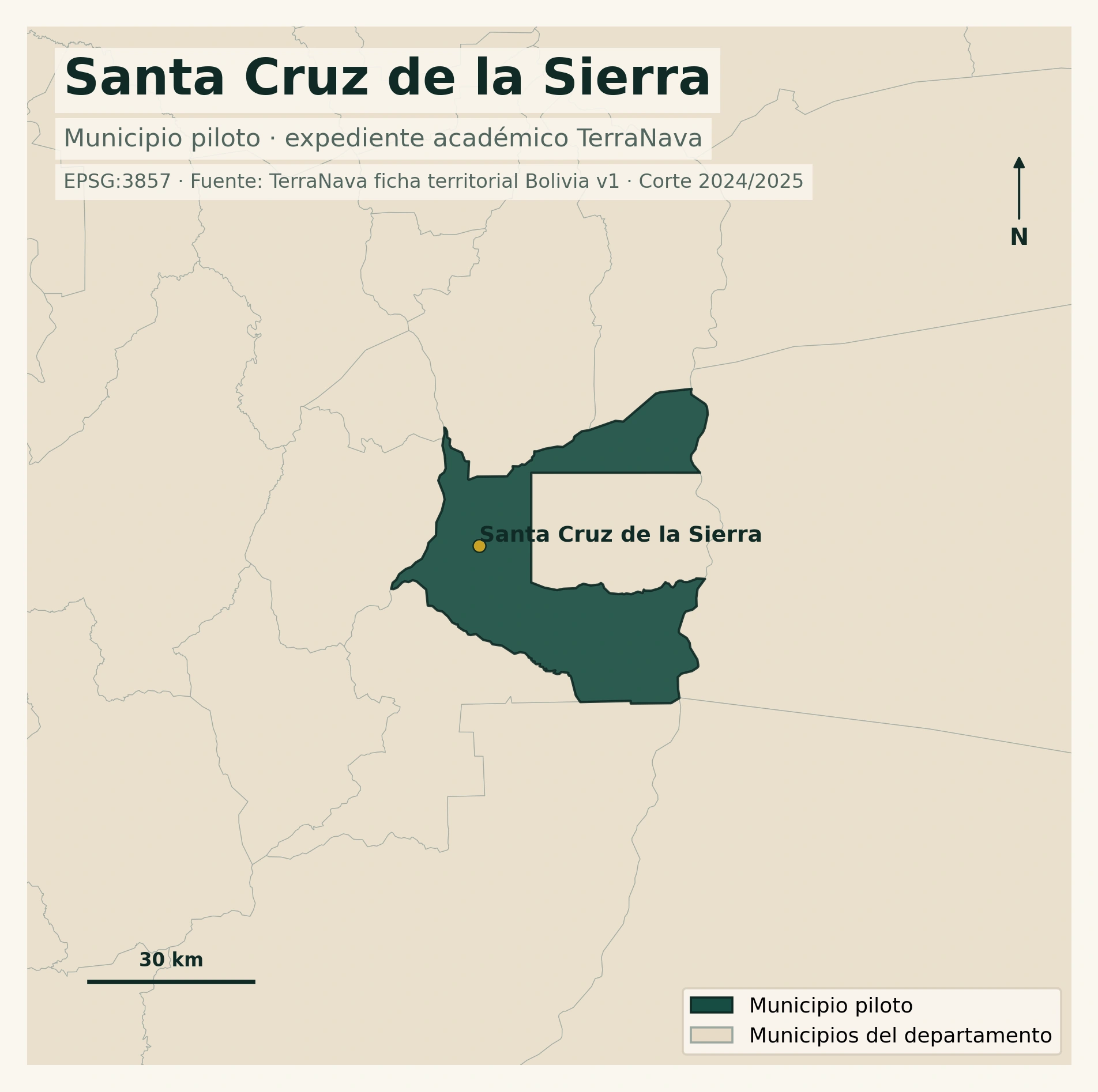 Mapa editorial de Santa Cruz de la Sierra dentro del departamento de Santa Cruz